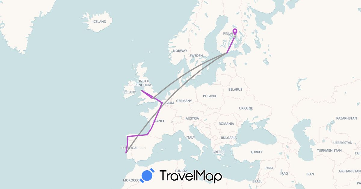 TravelMap itinerary: driving, plane, train in Spain, Finland, France, United Kingdom, Portugal (Europe)